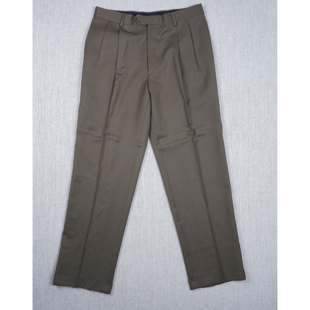 JOS A BANK Executive Collection 33x31 Brown 100% Wool Dress Pants Pleated Cuffed